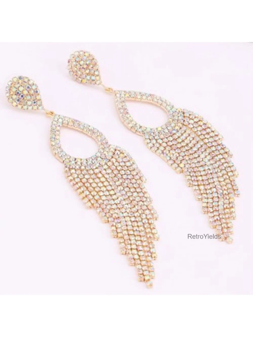 Rhinestone Teardrop Tassel Earrings Gold Plated Dangle Crystal Fringe Wedding